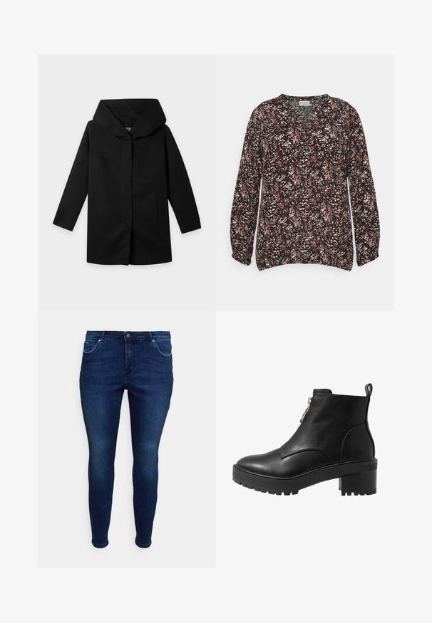 Sort frakke med lange ærmer, bred, struktureret hætte og lige snit, lagt fladt på en lys baggrund, ingen synlige knapper eller lynlåse.; Blomsterbluse i sort med små pink, hvide og grønne mønstre. Har en v-hals og lange, samlede ærmer. Lavet af letvægtsstof.; Vero Moda Curve Skinny fit VMCTANYA Mid rise - Jeggings - dark blue denim; Sort læder ankelstøvle med lynlåslukning på siden, kraftig sort hæl og en struktureret sål for godt greb. Glat overflade med minimalt udsmykning.