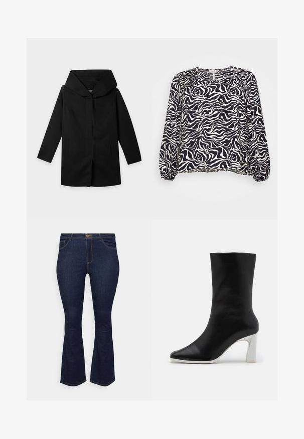 Abrigo negro de manga larga con capucha ancha y estructurada y corte recto, mostrado plano sobre un fondo claro, sin botones ni cremalleras visibles.; Object Curve OBJLEONORA V-NECK - Blusa - black; Jeans acampanados de color azul oscuro fabricados en denim, con una cinturilla estándar, bolsillos frontales y costuras en contraste, textura suave.; Menbur Botas de tacón - schwarz
