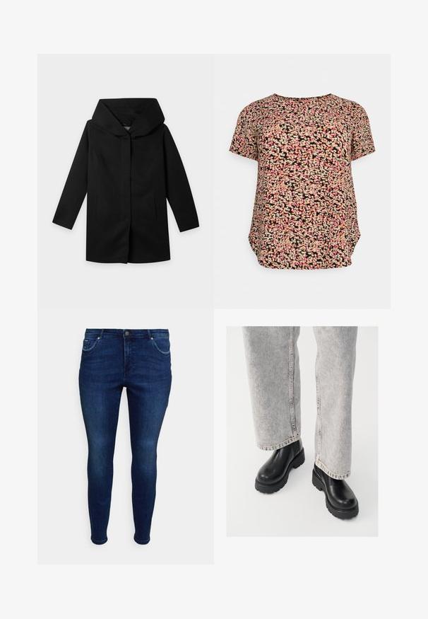 Manteau noir à manches longues, large capuche structurée et coupe droite, présenté à plat sur un fond clair, sans boutons ni fermetures éclair visibles.; ONLY Carmakoma CARVICA LIFE - Blouse - black/neon ditsy; Vero Moda Curve Skinny fit VMCTANYA Mid rise - Jegging - dark blue denim; Vagabond COSMO - Bottines à plateau - black