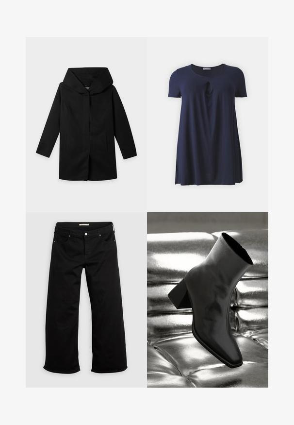 Abrigo negro de manga larga con capucha ancha y estructurada y corte recto, mostrado plano sobre un fondo claro, sin botones ni cremalleras visibles.; Camiseta de manga corta azul marino con cuello redondo y un sutil detalle retorcido en la parte frontal, fabricada con una tela suave y lisa.; Pantalones negros de pierna ancha con cierre de botón y cremallera, presillas para cinturón y bolsillos delanteros y traseros sobre un fondo claro y liso.; Botín negro de tobillo hecho de material brillante, con punta cuadrada y tacón cónico, contra un fondo plateado brillante con almohadillado.