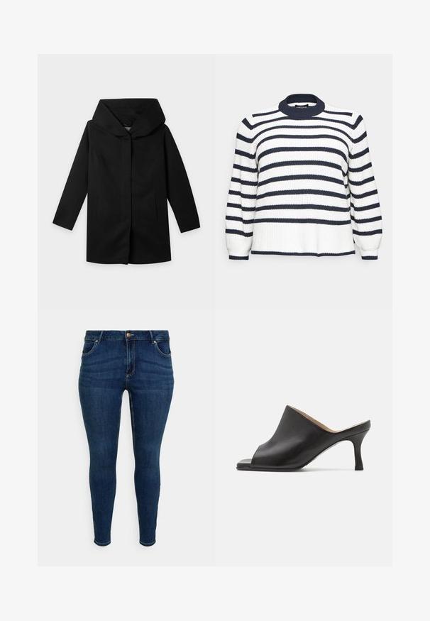 Zwarte lange jas met lange mouwen, brede, gestructureerde capuchon en recht model, plat uitgestald op een lichte achtergrond, geen zichtbare knopen of ritsen.; Pieces Curve PCTRISTA O NECK - Longsleeve - sky captain/cloud dancer; Donkerblauwe skinny jeans met voorzakken, riemlussen, knoop en ritssluiting, gepresenteerd tegen een effen witte achtergrond.; Selected ASHLEY - Muiltjes met hak - black