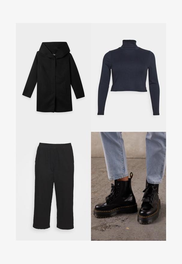 Manteau noir à manches longues, large capuche structurée et coupe droite, présenté à plat sur un fond clair, sans boutons ni fermetures éclair visibles.; Haut à col roulé à manches longues côtelé bleu marine avec une coupe courte et une silhouette ajustée. Présente un tissu texturé subtil.; Pantalon à taille élastique noire avec jambes droites et sans poches visibles, présenté à plat sur un fond blanc.; Personne portant un jean bleu clair et des bottes à plateforme en cuir noir lacées avec des coutures jaunes sur un sol en béton.