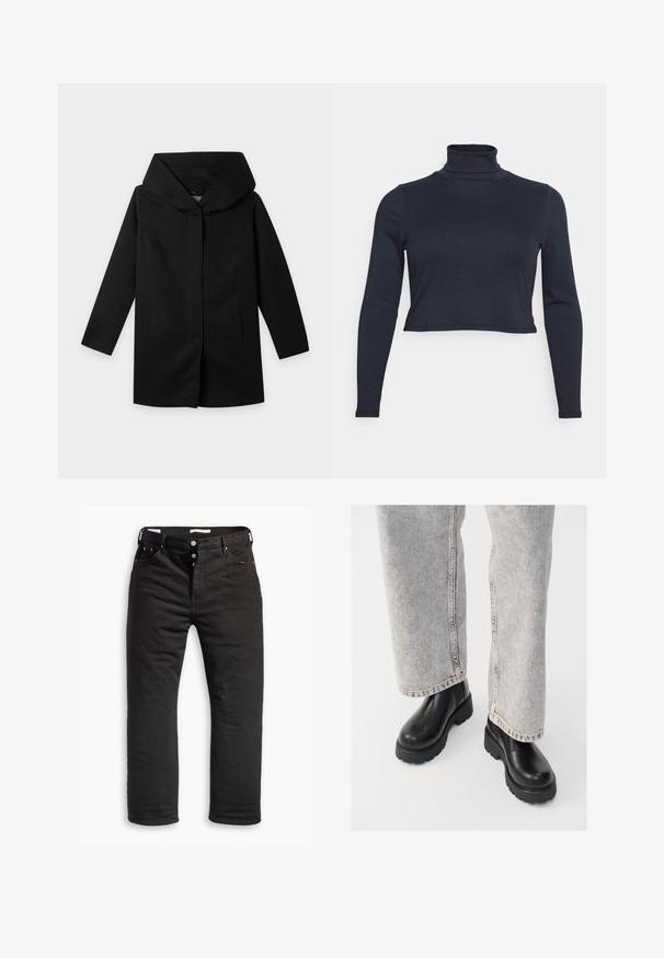 Manteau noir à manches longues, large capuche structurée et coupe droite, présenté à plat sur un fond clair, sans boutons ni fermetures éclair visibles.; Haut à col roulé à manches longues côtelé bleu marine avec une coupe courte et une silhouette ajustée. Présente un tissu texturé subtil.; Jean en denim noir avec une coupe droite, comprenant une fermeture à bouton, cinq poches et des détails de couture subtils. Texture lisse.; Vagabond COSMO - Bottines à plateau - black