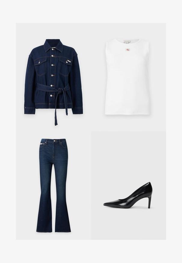 Veste en denim bleu foncé avec fermeture à boutons, deux poches poitrine et une ceinture en tissu assorti nouée à la taille.; Débardeur blanc sans manches en maille côtelée avec un petit logo Calvin Klein rouge et noir centré juste en dessous de l'encolure.; Jean en denim bleu foncé avec taille haute, bouton à l'avant, cinq poches et jambes légèrement évasées sur un fond uni.; Chaussure à talon haut en cuir noir avec un bout pointu, texture lisse et un talon effilé. Design minimaliste, sans embellissements supplémentaires.