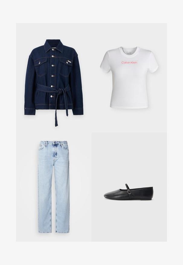 Veste en denim bleu foncé avec fermeture à boutons, deux poches poitrine et une ceinture en tissu assorti nouée à la taille.; T-shirt court blanc à manches courtes avec col rond, arborant le logo "Calvin Klein" en rouge et un texte "SPORT" discret au-dessus sur la poitrine.; Jeans large bleus clairs en denim, avec une taille haute, un lavage décoloré et un motif tie-dye subtil à l'avant.; Ballerines noires en cuir avec un bout pointu, une semelle plate et une petite sangle avec un détail de boucle en argent.