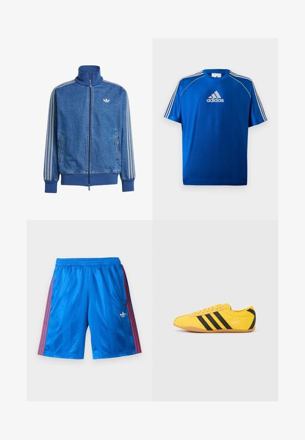 Modrá rifľová bunda Adidas s vysoko stojacim golierom, celým predným zipsom, bočnými vreckami, rebrovanými manžetami a lemom a troma bielymi pruhmi na rukávoch.; Modré športové tričko Adidas s bielym logom na hrudi, bielymi pruhmi na ramenách a neónovo žltým lemovaním na švových ramenách.; Modré športové šortky s červenými pruhmi po bokoch a bielym logom Adidas na ľavom stehne, s elastickým pásom.; Žltá športová obuv s textúrovaným zvrškom, s čiernymi pruhmi a logom. Zaoblená špička, mäkká podrážka a vzor v tvare cik-cak na materiáli.
