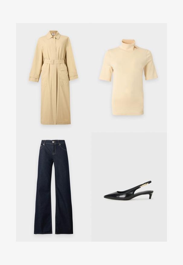 Long manteau beige trench avec ceinture, col boutonné, larges poignets et deux grandes poches avant avec rabats.; Haut beige à manches courtes avec col montant featuring une fermeture par bouton sur un côté, présenté sur un fond gris neutre.; Jean bleu foncé à jambes larges avec fermeture boutonnée, passants de ceinture, poches avant et surpiqûres contrastantes.; Talons hauts en cuir noir avec un bout pointu, dotés d'un talon fin et d'un accent en ton or sur la lanière réglable. Texture lisse.