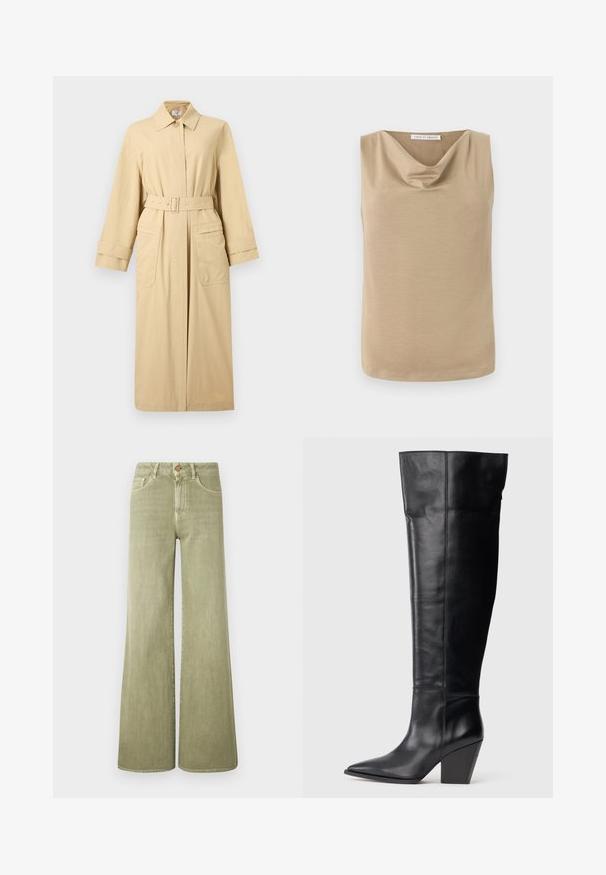 Long manteau beige trench avec ceinture, col boutonné, larges poignets et deux grandes poches avant avec rabats.; Blouse beige sans manches avec encolure drapée et ourlet droit, en tissu lisse, étiquette Tiger of Sweden à l'intérieur du col.; Jean vert à jambes larges en denim doux, avec une taille haute, des poches avant et des détails de couture subtils.; Botte noire en cuir, à bout pointu, avec un talon bloc haut et anglé, et des coutures verticales le long de la tige.