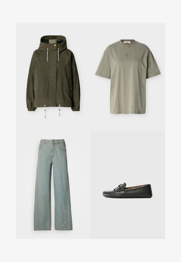 Veste à capuche verte avec fermeture éclair frontale, cordons réglables à la capuche et à l'ourlet, poignets élastiques et poches à boutons-pression.; T-shirt oversize manches courtes en vert olive avec col rond et petit logo de marque brodé centré sur la poitrine.; Jeans large en denim bleu clair, dotés d'une fermeture avec bouton et zip, de cinq poches et de détails de couture contrastés.; Bateau en cuir noir avec un bout arrondi, des détails de couture, un petit accent en nœud et une semelle en caoutchouc. Texture lisse et design épuré.