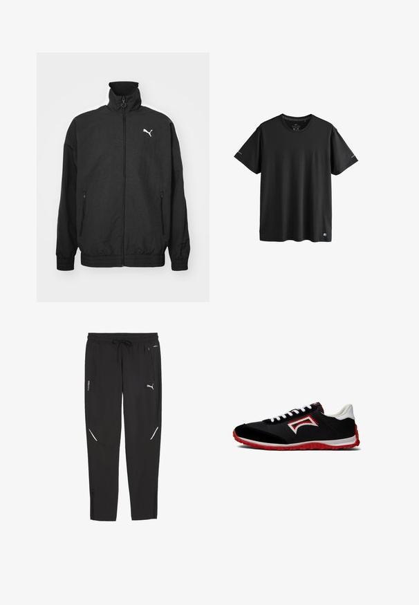 Schwarze Zip-Jacke mit hohem Kragen, elastischen Bündchen, Seitentaschen und weißem Puma-Logo auf der linken Brust; glatte Stoffoberfläche.; Schwarzes, kurzärmeliges Activewear-T-Shirt mit Rundhalsausschnitt, dezenten Logos an den Ärmeln und am unteren Saum, Größe M.; Schwarze Puma-Athletikhose mit elastischem Bund, Kordelzug, seitlichen Reißverschlusstaschen und weißem Puma-Logo am rechten Bein.; Schwarzer Sportschuh mit roten Akzenten, Mesh-Obermaterial, weißen Schnürsenkeln und strukturiertem Gummisohlen. Verfügt über ein rotes und weißes Logo an der Seite.
