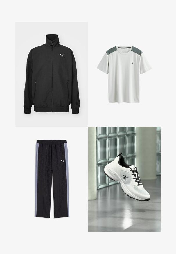 Schwarze Zip-Jacke mit hohem Kragen, elastischen Bündchen, Seitentaschen und weißem Puma-Logo auf der linken Brust; glatte Stoffoberfläche.; Weißes kurzärmeliges Sport-T-Shirt mit grauen Mesh-Schultereinsätzen und kleinem schwarzem Logo auf der linken Brustseite.; Schwarze und graue Puma-Trainingshose mit dezentem geometrischem Muster und elastischem Taillenbund, mit weißem Puma-Logo am rechten Oberschenkel.; Weißer und schwarzer Sportschuh mit schwarzen Schnürsenkeln und CK-Logo, schwebt über reflektierendem Betonboden in einem modernen Raum mit Glasbausteinen.