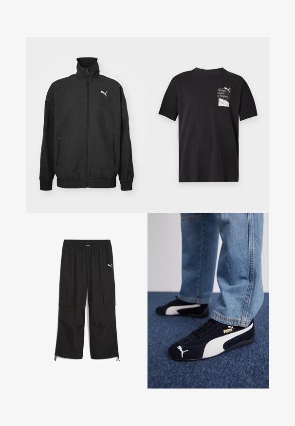 Schwarze Zip-Jacke mit hohem Kragen, elastischen Bündchen, Seitentaschen und weißem Puma-Logo auf der linken Brust; glatte Stoffoberfläche.; Schwarzes T-Shirt mit kurzen Ärmeln, kleiner weißer Grafik und dem Text "Therapy Session in Progress" auf der oberen linken Brust.; Schwarze Cargo-Hosen mit einem elastischen Bund, zwei seitlichen Taschen und einem weißen PUMA-Logo am oberen linken Bein. Verstellbare Bündchen am Saum.; Schwarze Wildledersneaker mit weißen Akzenten und einem goldenen Logo. Getragen mit hellblauen Jeans und auf einer strukturierten blauen Oberfläche platziert.