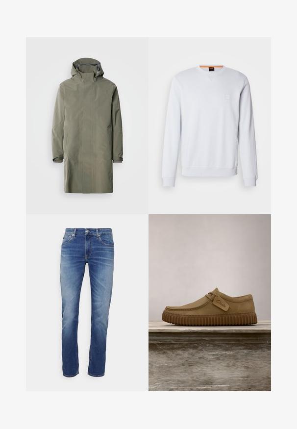 Waterdichte olijfgroene regenjas met een capuchon, drukknoopsluiting, twee voorkruiven en verstelbare manchetten. Gladde, matte afwerking, eenvoudig design.; Witte sweatshirt met lange mouwen, ronde hals en subtiele logo patch. Soepele textuur en geribbelde manchetten en zoom voor een aangesloten look.; Blauwe slim-fit jeans voor mannen met een vervaagde wassing en vijf zakken, met knoop- en ritssluiting, weergegeven tegen een witte achtergrond.; Lichtbruine suède schoenen met een ronde neus, gestikte details en een geribbeld bruine rubberen zool. Bevat een zijlabel met het "Clarks" logo.