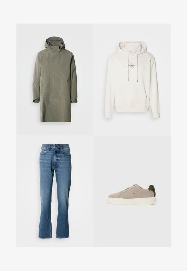 Waterdichte olijfgroene regenjas met een capuchon, drukknoopsluiting, twee voorkruiven en verstelbare manchetten. Gladde, matte afwerking, eenvoudig design.; Witte hoodie van zachte stof; voorzien van een voorkant met een kangoeroezak, geribbelde manchetten en een logo met "Calvin Klein" boven een gestileerde "K."; Lichtblauwe denim jeans met een rechte snit en een lichte flare. Beschikt over vijf zakken, een knoopsluiting en subtiele wassingdetails.; Beige suède sneakers met een witte rubberen zool, voorzien van een donkergroene hielaccent en subtiele branding aan de zijkant.