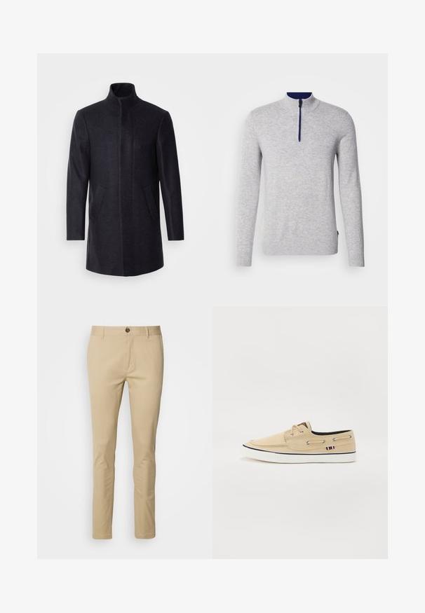 Isaac Dewhirst NEW COMFORT FUNNEL NECK COAT - Abrigo corto - navy; Suéter de manga larga color gris claro con un alto cuello y cierre de media cremallera. Acentos en color azul marino en el cuello. Tejido suave y texturizado.; Chinos beige de corte slim, fabricados en algodón. Presentan un cierre de botón, trabillas para el cinturón y detalles de costura sutiles en los bolsillos.; Zapatos de barco de lona beige con ojales metálicos, suela de goma blanca y franjas de acento en azul marino. Presenta un parche de tela marrón en la lengüeta.