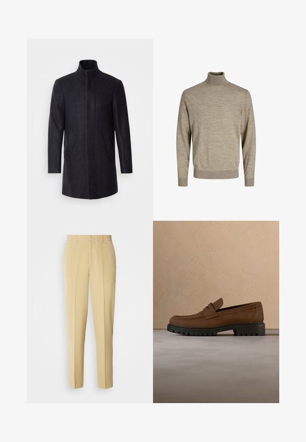 Isaac Dewhirst NEW COMFORT FUNNEL NECK COAT - Kurzmantel - navy; Beige Rollkragenpullover aus weichem Strickstoff. Mit langen Ärmeln, gerippten Bündchen und Saum, sowie einer glatten Textur und subtilen tonalen Mustern.; Beige maßgeschneiderte Hose mit geradem Schnitt, flachem Frontteil und seitlichen Taschen. Hergestellt aus einem glatten Stoff mit leichtem Glanz.; Dunkelbrauner Lederloafer mit dicker schwarzer Gummisohle, dargestellt über beigem Teppich und Sofa-Hintergrund.