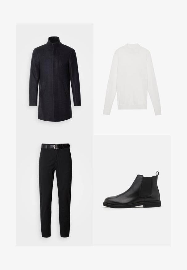 Isaac Dewhirst NEW COMFORT FUNNEL NECK COAT - Abrigo corto - navy; Jersey blanco de cuello alto, con mangas largas y puños y dobladillo acanalados. Fabricado en un suave tejido de punto. Diseño simple y ajustado.; Pantalones negros de corte recto, con una textura suave y un cinturón de cuero negro con una hebilla plateada. Diseño simple, sin patrones ni detalles.; Botas Chelsea de cuero negro con paneles laterales elásticos y una lengüeta. Punta redonda y suela de goma plana, con un acabado suave.