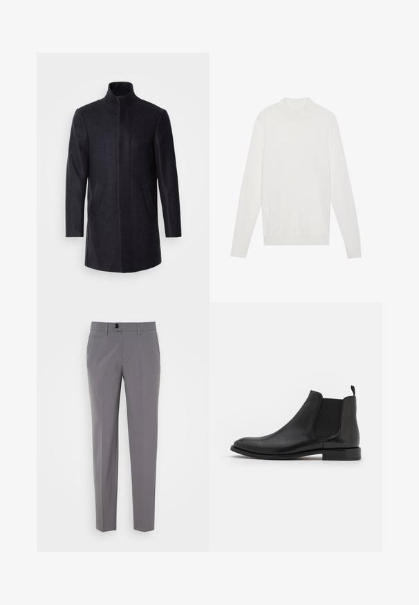 Isaac Dewhirst NEW COMFORT FUNNEL NECK COAT - Abrigo corto - navy; Jersey blanco de cuello alto, con mangas largas y puños y dobladillo acanalados. Fabricado en un suave tejido de punto. Diseño simple y ajustado.; Pantalones grises a medida con una textura suave, diseño de pierna recta, cierre de un solo botón y bolsillos frontales. Sin patrones ni acentos visibles.; Botín Chelsea negro de piel con paneles elásticos en los costados, puntera redondeada y tacón bajo. Textura suave con un diseño minimalista.