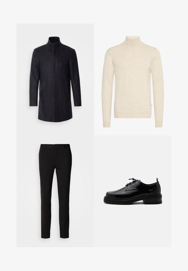 Isaac Dewhirst NEW COMFORT FUNNEL NECK COAT - Lühike jakk - navy; Kreemi värvi kõrge kaelusega sviiter, mis on valmistatud pehmest kudumisest. Omab pikki varrukaid ja slim-fit disaini, ribatud kaelaosa ja mansetid.; Mustad püksid slim fit lõikega, nööbiga kinnitatavad ja vöörihmadega. Valmistatud siledast kangast, millel on kerge läige, ilma nähtavate mustriteta.; Mustast poleeritud nahast paeltega jalanõu paksu kummist tallaga ja madala kontsaga, küljes brändi nimi „SAMSOE“ ning taga tõmbenööriga.