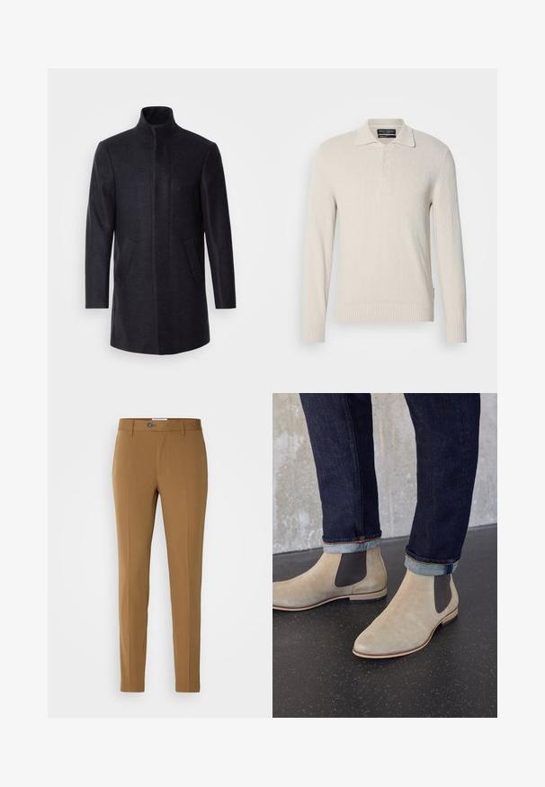 Isaac Dewhirst NEW COMFORT FUNNEL NECK COAT - Krátky kabát - navy; Svetlo béžový polo sveter s dlhými rukávmi, vyrobený z jemného úpletu s textúrovaným povrchom, s klasickým golierom a trojradovým zapínaním na gombíky.; Hnedé elegantné nohavice so rovnými nohavicami, ktoré majú predný zips, gombíkovú priehľadnosť a dve bočné vrecká na praktickosť.; Svetlobéžové semišové Chelsea čižmy s tmavými elastickými bočnými panelmi nosené s tmavými vyhrnutými rifľami na čiernej škvrnatej podlahe.