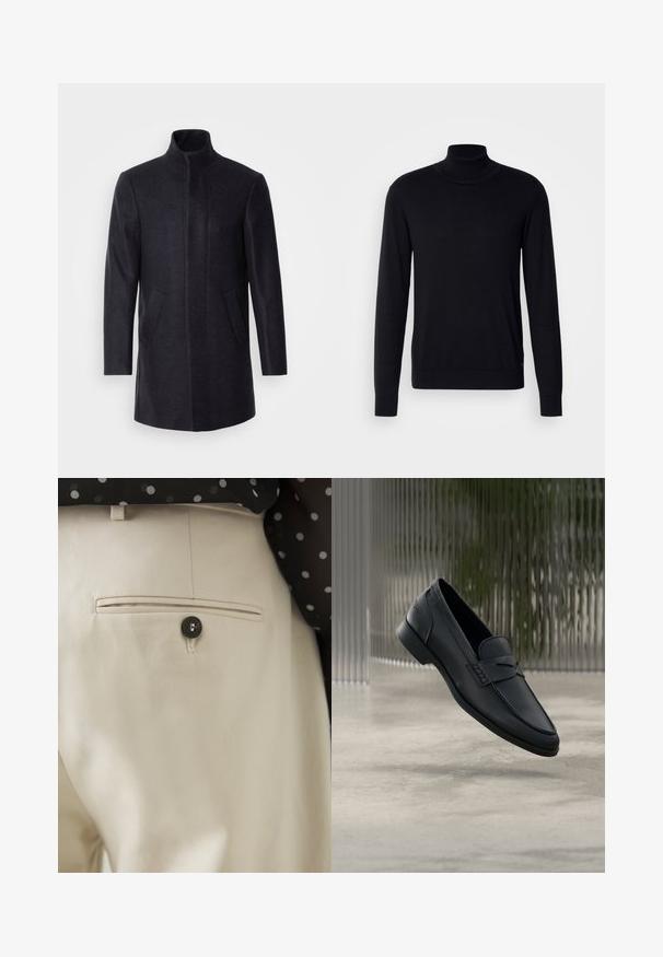 Isaac Dewhirst NEW COMFORT FUNNEL NECK COAT - Halflange jas - navy; Zwarte coltrui van zacht materiaal. Heeft lange mouwen, ribgebreide kraag en manchetten, met een gladde textuur en zonder patronen.; Beige broek met een gestructureerde stof en een achterzak, gesloten met een zwarte knoop. Subtiele stikselaccenten langs de zak.; Zwarte leren loafer met een gladde afwerking, puntige neus en gestikte details over de wreef. Lage hak en minimalistisch ontwerp.