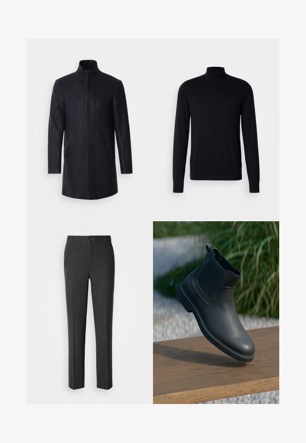 Isaac Dewhirst NEW COMFORT FUNNEL NECK COAT - Abrigo corto - navy; Suéter negro de cuello alto hecho de una tela suave. Presenta mangas largas, cuello y puños acanalados, con una textura suave y sin patrones.; Pantalones oscuros a medida en una tela suave, con cierre de botón, dos bolsillos frontales y un diseño de pierna recta.; Botín negro de cuero hasta el tobillo con paneles laterales elásticos, acentos texturizados y suela de goma; la exhibición incluye una superficie de madera y vegetación.