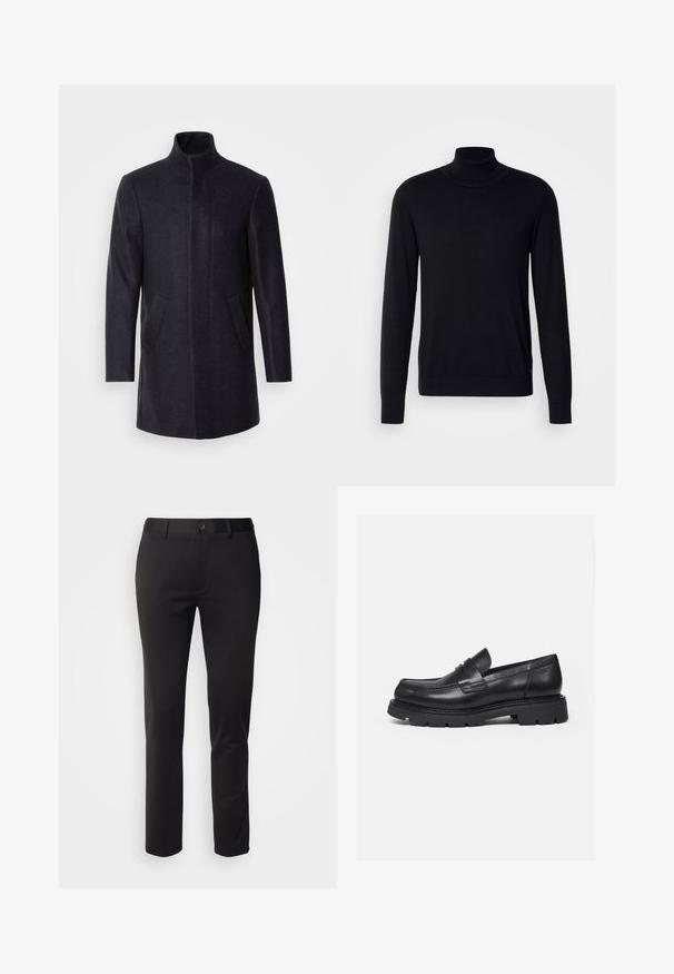 Isaac Dewhirst NEW COMFORT FUNNEL NECK COAT - Krátky kabát - navy; Čierny rolák vyrobený z mäkkej látky. Má dlhé rukávy, rebrovaný golier a manžety, hladký povrch a žiadne vzory.; Čierne nohavice vyrobené z hladkej látky, s rovnými nohavicami, predným zapínaním na gombík a pútkami na opasok, vystavené na bielom pozadí.; Čierny kožený mokasín s hrubou rebrovanou podrážkou a detailom popruhu na mincu, zobrazený pravý bočný profil na bielom pozadí.