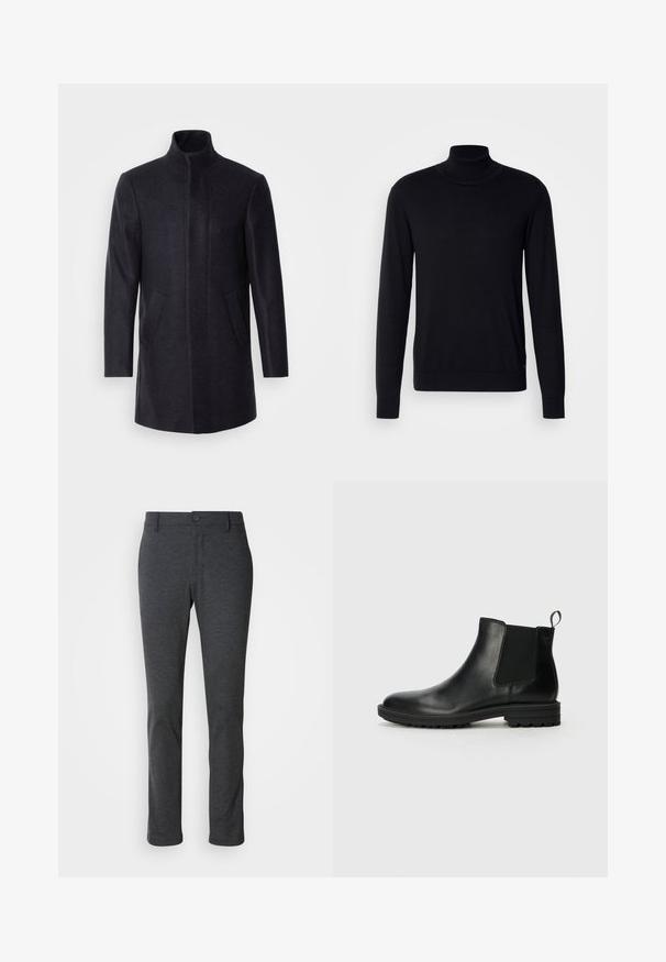 Isaac Dewhirst NEW COMFORT FUNNEL NECK COAT - Pitkä takki - navy; Musta poolapaiset neule pehmeästä kankaasta. Ominaisuuksiin kuuluvat pitkät hihat, ribbireunukset kauluksessa ja hihansuissa, sileä pinta ja ilman kuvioita.; Tummanharmaat suorat housut, joissa on nappi- ja vetskarisulku, vyölenkit ja sileä kangas.; Jack & Jones JFWHOSKINS - Klassiset nilkkurit - anthracite