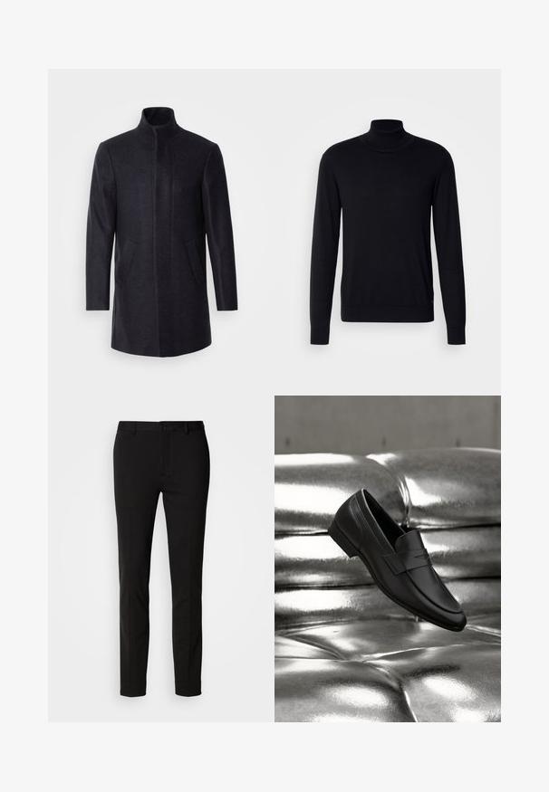 Isaac Dewhirst NEW COMFORT FUNNEL NECK COAT - Korte frakker - navy; Sort tregnet trøje lavet af blødt stof. Har lange ærmer, ribbestrikket krave og manchetter, samt en glat overflade uden mønstre.; Sorte bukser med slim fit, der har knaplukning og bæltestropper. Lavet af glat stof med en let glans, uden synlige mønstre.; Sort læderloafer placeret over en skinnende metalisk sølv tuftet pude baggrund.