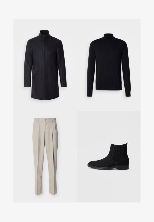 Isaac Dewhirst NEW COMFORT FUNNEL NECK COAT - Lühike jakk - navy; Must kardigan pehmest kangast. Omab pikki varrukaid, soonikkoelust ja -ääriseid, sile tekstuur ning pole mingeid mustreid.; Beežid meestele kohandatud püksid ees volditud voldidega, vööaasadega, nööbiga kinnitusega ja sirge säärega, valgel taustal.; Must have mustanustro Chelsea saapad elastsete külg- jaotustega, ümar varvas, õrn tekstuur ja tõmbeaas taga. Lame kummitald.