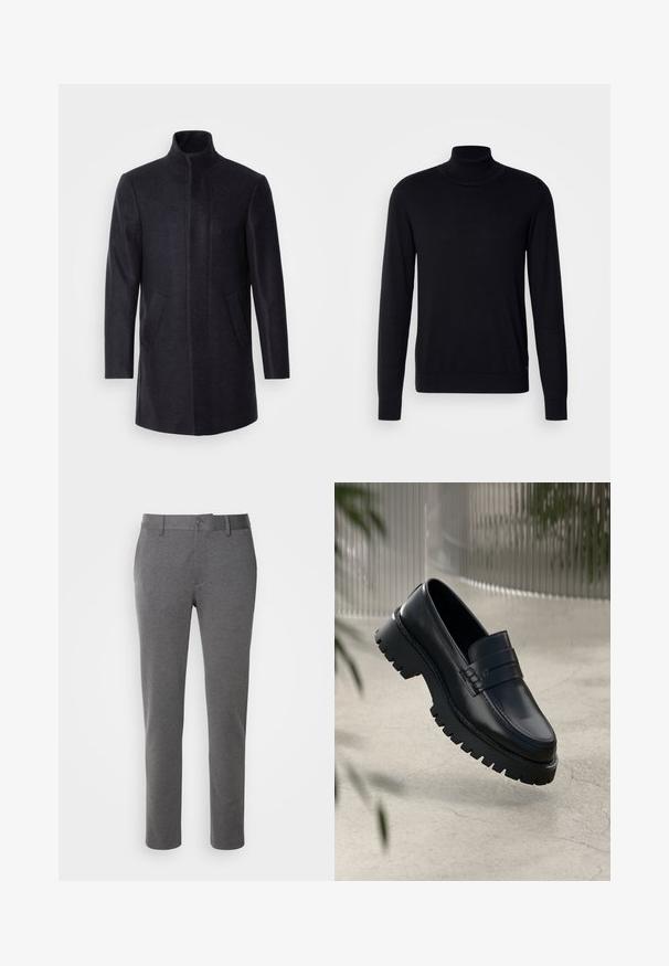 Isaac Dewhirst NEW COMFORT FUNNEL NECK COAT - Abrigo corto - navy; Suéter negro de cuello alto hecho de una tela suave. Presenta mangas largas, cuello y puños acanalados, con una textura suave y sin patrones.; Pantalones grises a medida hechos de una tela suave, con una textura lisa, bolsillos delanteros y cierre de un solo botón en la cintura.; Mocasines de cuero negro con suela gruesa, que presentan una correa decorativa y detalles de costura. Textura suave con un acabado pulido.