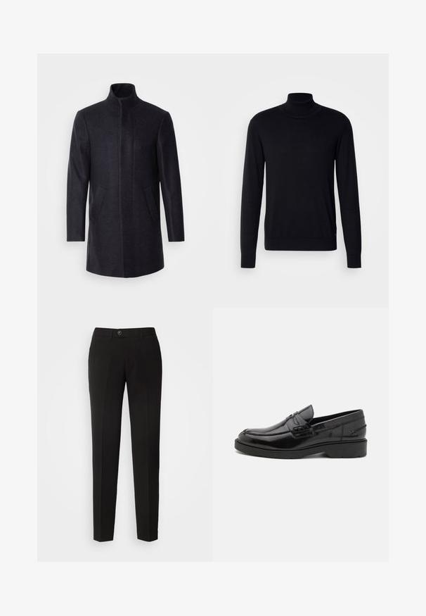 Isaac Dewhirst NEW COMFORT FUNNEL NECK COAT - Kurzmantel - navy; Schwarzer Rollkragenpullover aus weichem Stoff. Mit langen Ärmeln, geripptem Kragen und Bündchen, hat eine glatte Textur und keine Muster.; Schwarze gerade geschnittene Hose aus glattem Stoff mit einem Knopfverschluss und seitlichen Taschen im klassischen Design.; Schwarze Lederloafers mit glatter Oberfläche, abgerundetem Zehenbereich, niedrigem Absatz und dekorativer Naht entlang der Vorderseite. Gummisohle für guten Halt.