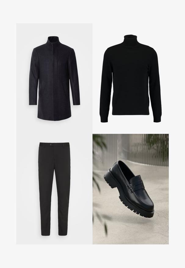 Isaac Dewhirst NEW COMFORT FUNNEL NECK COAT - Korte frakker - navy; Sort turtleneck sweater lavet af et blødt strikmateriale. Har lange ærmer, ribbet krave og kant. Enkel, slank design uden mønstre.; Sorte, skræddersyede bukser med lige ben-design, forlommer og knaplukning. Fremstillet af et glat stof med en let glans.; Sorte læder loafers med en chunky sål, der har en dekorativ rem og syninger. Glat tekstur med en poleret overflade.