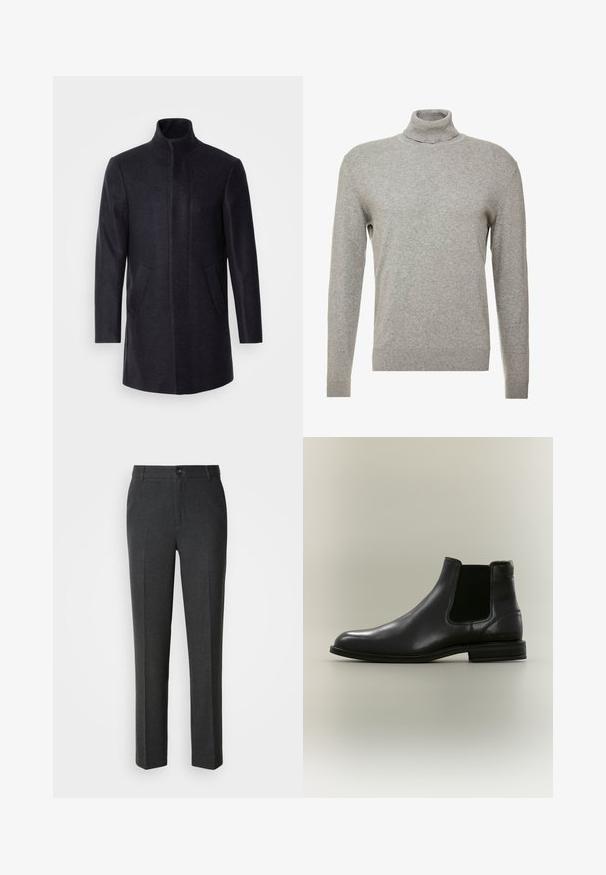 Isaac Dewhirst NEW COMFORT FUNNEL NECK COAT - Abrigo corto - navy; Suéter gris de cuello alto y mangas largas. Hecho de un material suave y liso, con un diseño ajustado y detalles de canalé en el dobladillo.; Pantalones oscuros a medida en una tela suave, con cierre de botón, dos bolsillos frontales y un diseño de pierna recta.; Botín Chelsea de cuero negro con panel lateral elástico y tacón bajo, mostrado desde el lado exterior sobre un fondo neutro.