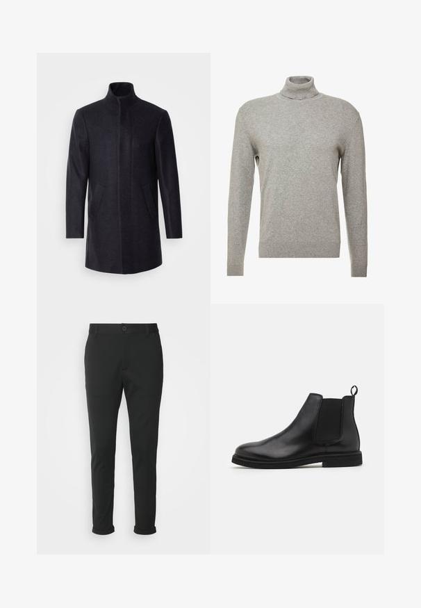 Isaac Dewhirst NEW COMFORT FUNNEL NECK COAT - Korte frakker - navy; Grå pullovertrøje med høj hals og lange ærmer. Fremstillet af et glat, blødt materiale med et tætsiddende design og ribbede detaljer ved kanten.; Sorte bukser lavet af et glat stof med lige pasform. Har en enkelt knaplukning og opspejdede manchetter.; Sorte læder Chelsea støvler med elastiske sidepaneler og en træksløjfe. Rund tå og flad gummisål, der fremviser en glat finish.