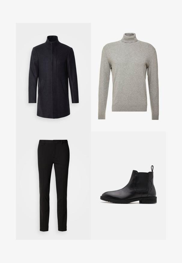 Isaac Dewhirst NEW COMFORT FUNNEL NECK COAT - Kurzmantel - navy; Grauer Pullover mit hohem Kragen und langen Ärmeln. Hergestellt aus einem glatten, weichen Material mit taillierter Passform und gerippten Akzenten am Saum.; Schwarze Hose mitSlim-Fit, ausgestattet mit einem Knopfverschluss und Gürtelschlaufen. Aus glattem Stoff mit leichtem Glanz, ohne erkennbare Muster.; Schwarze Leder-Chelsea-Stiefel mit elastischen Seitenteilen, runder Zehenpartie und einem niedrigen Blockabsatz. Mit einer Zuglasche hinten für einfaches Anziehen.