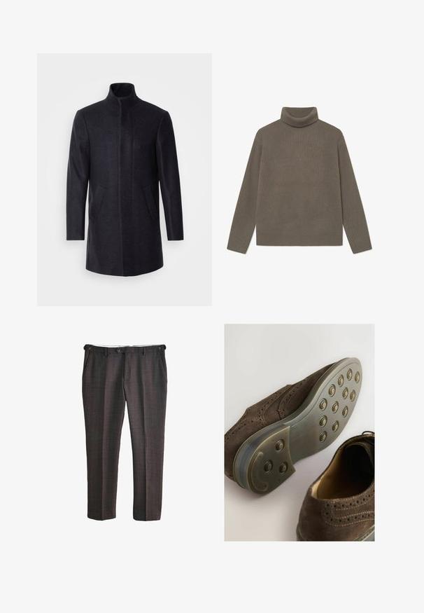 Isaac Dewhirst NEW COMFORT FUNNEL NECK COAT - Korte frakker - navy; Ribbede turtleneck sweater i afdæmpet olivengrøn, med lange ærmer og en tætsiddende design. Lavet af et blødt, struktureret strikmateriale.; Mørkegrå formelle bukser med subtilt vinduesrude-mønster, forknap og sidelommer, vist fladt på en hvid baggrund.; Brune sokkeskind oxford sko med rund tå, perforeret design og gummisål med cirkulære mønstre.