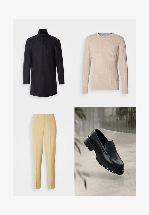 Isaac Dewhirst NEW COMFORT FUNNEL NECK COAT - Korte frakker - navy; Beige kabelstrik sweater med lange ærmer, rund hals og ribbede manchetter og kant, præsenteret på en hvid baggrund.; Beige skræddersyede bukser med lige pasform, flad front og sidelommer. Fremstillet af et glat stof med en let glans.; Sorte læder loafers med en chunky sål, der har en dekorativ rem og syninger. Glat tekstur med en poleret overflade.