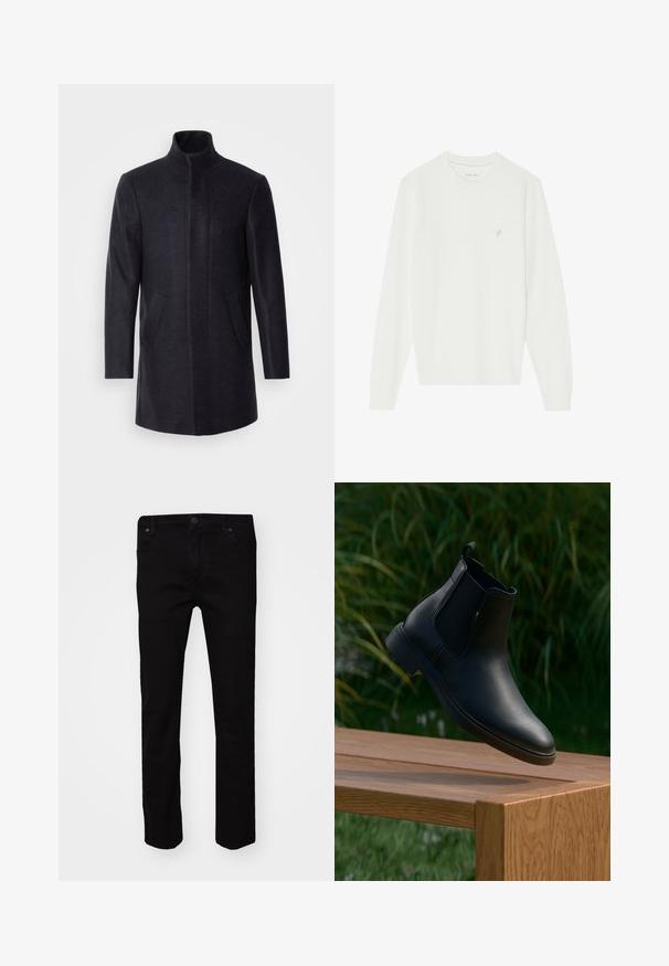 Isaac Dewhirst NEW COMFORT FUNNEL NECK COAT - Krátky kabát - navy; Biely dlhý rukáv sveter vyrobený z mäkkého pleteného materiálu. Má okrúhly výstrih a malý vyšívaný motív vtáka na ľavej strane hrudníka.; Zadný vrecko čiernych džínsov Wrangler s čiernym koženým štítkom so značkou vyšitou nad vreckom.; Čierne kožené kotníkové topánky visia nad drevenou lavicou s rozmazaným pozadím z zelenej trávy a rastlín.