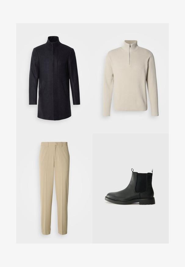 Isaac Dewhirst NEW COMFORT FUNNEL NECK COAT - Korte frakker - navy; Ribbet trøje i cremefarve med høj krave og halv lynlås. Fremstillet af tekstureret stof, med lange ærmer og en afslappet pasform.; Beige bukser med lige ben, lavet af et glat materiale, med en flad front og uden synlige lommer eller pynt.; Sorte læder chelsea støvler med elastiske sidepaneler, trækflapper, rund tå og tekstureret gummisål. Glat overflade og robust design.