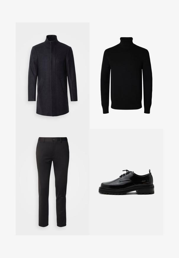 Isaac Dewhirst NEW COMFORT FUNNEL NECK COAT - Lühike jakk - navy; Must värvi pika varrukaga kõrge kaelusega kampsun soonikkoes varrukaotste ja äärega, esitletud tavalise valge taustaga.; Mustavad püksid siledast kangast, sirge lõikega, esiküljel nööbiga kinnis ja vöörihmadega, esitatud valgel taustal.; Mustast poleeritud nahast paeltega jalanõu paksu kummist tallaga ja madala kontsaga, küljes brändi nimi „SAMSOE“ ning taga tõmbenööriga.