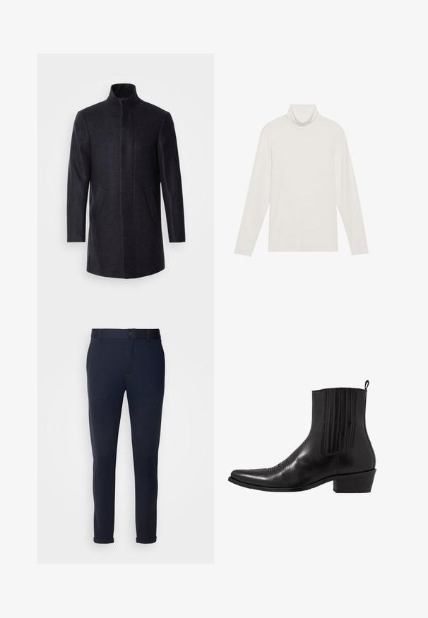 Isaac Dewhirst NEW COMFORT FUNNEL NECK COAT - Krátky kabát - navy; Dlhý rukáv, rolák v bielej farbe. Mäkčí, elastický materiál s priliehavým strihom. Obsahuje vysoký golier a minimálne švy.; Námornícke modré nohavice vyrobené z mäkkej tkaniny, s uzáverom na gombík, pútkami na opasok a zrolovanými manžetami. Hladká textúra s upraveným dizajnom.; Čierne kožené členkové topánky s špičatou špičkou, elastickými bočnými panelmi, vertikálnymi švami a nízkym blokovým podpätkom.