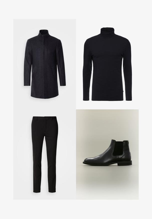 Isaac Dewhirst NEW COMFORT FUNNEL NECK COAT - Kurzmantel - navy; Schwarzes Langarm-Turtleneck-Shirt aus weichem, dehnbaren Stoff. Verfügt über ein tailliertes Design und eine glatte Textur. Keine sichtbaren Muster oder Akzente.; Schwarze Hose mitSlim-Fit, ausgestattet mit einem Knopfverschluss und Gürtelschlaufen. Aus glattem Stoff mit leichtem Glanz, ohne erkennbare Muster.; Schwarzer Leder-Chelsea-Stiefel mit elastischem Seitenpanel und niedrigem Absatz, von der Außenseite auf neutralem Hintergrund gezeigt.