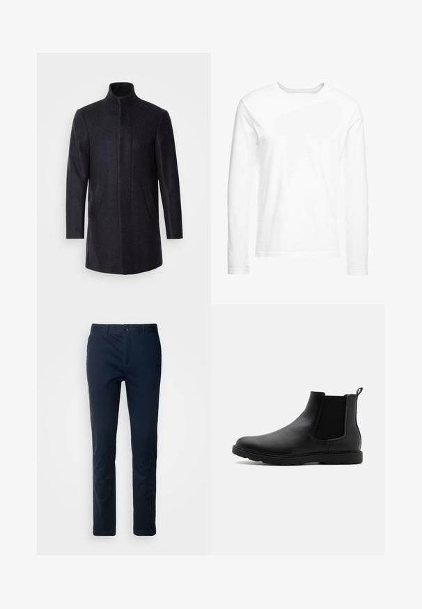 Isaac Dewhirst NEW COMFORT FUNNEL NECK COAT - Korte frakker - navy; Langærmet hvid t-shirt lavet af blød bomuld. Rund halsudskæring med lige skårne kanter og ingen synlige mønstre eller grafikker.; Marineblå chinos lavet af vævet stof, med frontlukning med knap, bæltestropper og en lige benfigur med minimalistisk stil.; Sorte læder Chelsea støvle med elastiske sidepaneler, en trækflap og en holdbar gummisål. Glat tekstur og strømlinet design.