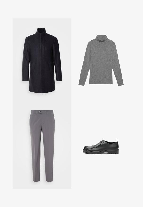 Isaac Dewhirst NEW COMFORT FUNNEL NECK COAT - Abrigo corto - navy; Sudadera de cuello alto gris de manga larga hecha de tela suave. Presenta un cuello alto y mangas ceñidas, con una textura suave y un diseño sencillo.; Pantalones grises a medida con una textura suave, diseño de pierna recta, cierre de un solo botón y bolsillos frontales. Sin patrones ni acentos visibles.; Zapatos de cuero negro con un acabado suave, punta redondeada y costuras decorativas. Cuenta con una suela de goma con surcos para tracción y un diseño de cordones.