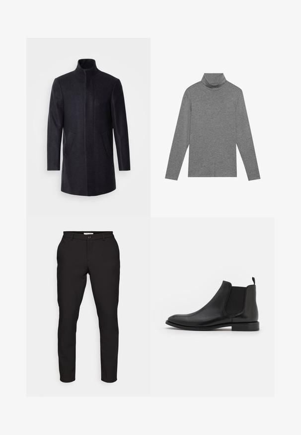 Isaac Dewhirst NEW COMFORT FUNNEL NECK COAT - Kurzmantel - navy; Grauer Rollkragen langärmliges Shirt aus weichem Stoff. Verfügt über einen hohen Kragen und enganliegende Ärmel, mit einer glatten Textur und einem schlichten Design.; Schwarze maßgeschneiderte Hose mit slim Fit. Mit Reißverschluss, Knopfverschluss, Seitentaschen und glattem, leichtem Stoff.; Schwarze Leder-Chelsea-Stiefel mit elastischen seitlichen Riemen, einer abgerundeten Kappe und einem niedrigen Absatz. Glatte Textur mit minimalistischer Gestaltung.