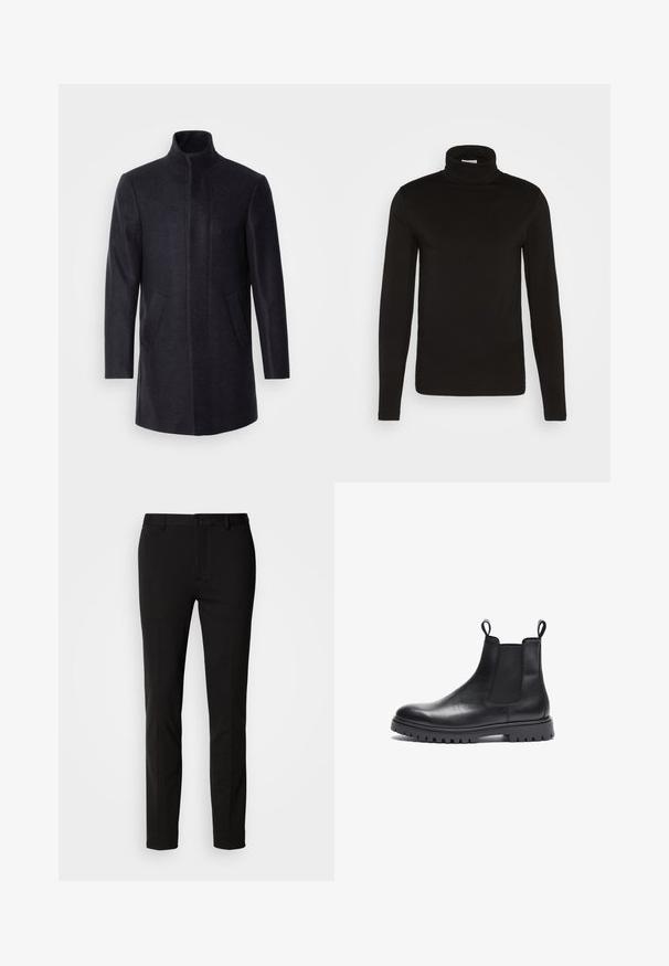 Isaac Dewhirst NEW COMFORT FUNNEL NECK COAT - Korte frakker - navy; Sort turtleneck langærmet skjorte lavet af et glat stof med en tætsiddende design og en høj, tætsiddende krave. Ingen mønstre eller accenter synlige.; Sorte bukser med slim fit, der har knaplukning og bæltestropper. Lavet af glat stof med en let glans, uden synlige mønstre.; Sorte læder Chelsea-støvler med tekstureret finish, elastiske sidepaneler og trækflapper. Har en kraftig gummisål med mønster.
