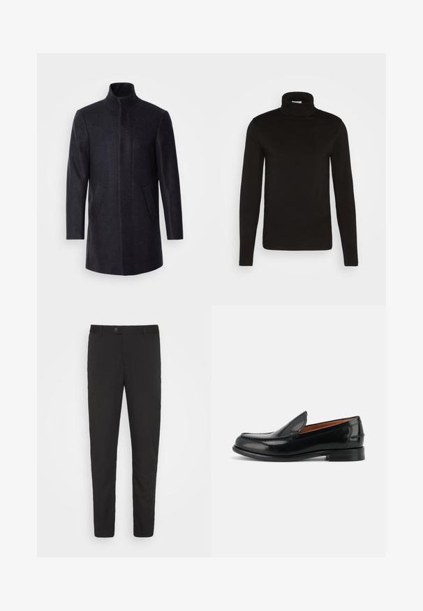 Isaac Dewhirst NEW COMFORT FUNNEL NECK COAT - Pitkä takki - navy; Musta poolkaelusega, pika varrukaga särk, mis on valmistatud sujuvast kangast, sobitatud disainiga ja kõrge, tiheda kraega. Mustrid või aktsendid puuduvad.; Mustat, räätälöidyt housut suoran lahkeen suunnittelulla, etutaskuilla ja nappikiinnityksellä. Valmistettu sileästä kankaasta, jossa on hienoinen kiilto.; Musta kiillotettu nahkainen liukusilkkiloaferi, jossa matala korko ja ommellut yksityiskohdat kärjessä ja sivuilla, sivulta kuvattuna.