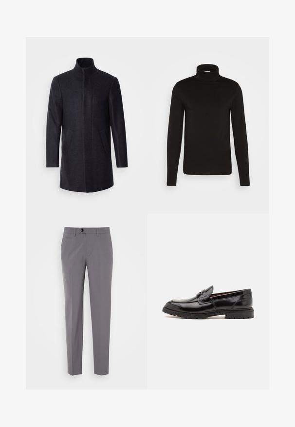 Isaac Dewhirst NEW COMFORT FUNNEL NECK COAT - Kurzmantel - navy; Schwarz, langärmliges Turtleneck-Shirt aus einem glatten Stoff mit figurnaher Passform und hohem, enganliegendem Kragen. Keine sichtbaren Muster oder Akzente.; Graue maßgeschneiderte Hose mit glatter Textur, geradem Bein Design, einfacher Knopfverschluss und vorderen Taschen. Keine sichtbaren Muster oder Akzente.; ALDO ALERIS - Slipper - black