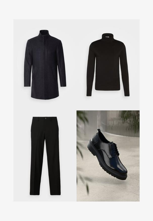 Isaac Dewhirst NEW COMFORT FUNNEL NECK COAT - Lühike jakk - navy; Musta kõrge kaelusega pikakäiste särk, mis on valmistatud sileda kangaga ja millel on keha lähedane lõige. Mustri või aktsentide puudumine.; Mustadest kangast pükstest, mis on sileda pinnaga, sirge lõikega, vöökoha nupuga kinnitusega ning ilma nähtavate mustrite või aktsentideta.; Must musta kingad, millel on läikiv pind, ümmargune varvas, nööridega sulgemine, kontrastõmblused ja paks kummist tald, millel on mustrimuster.
